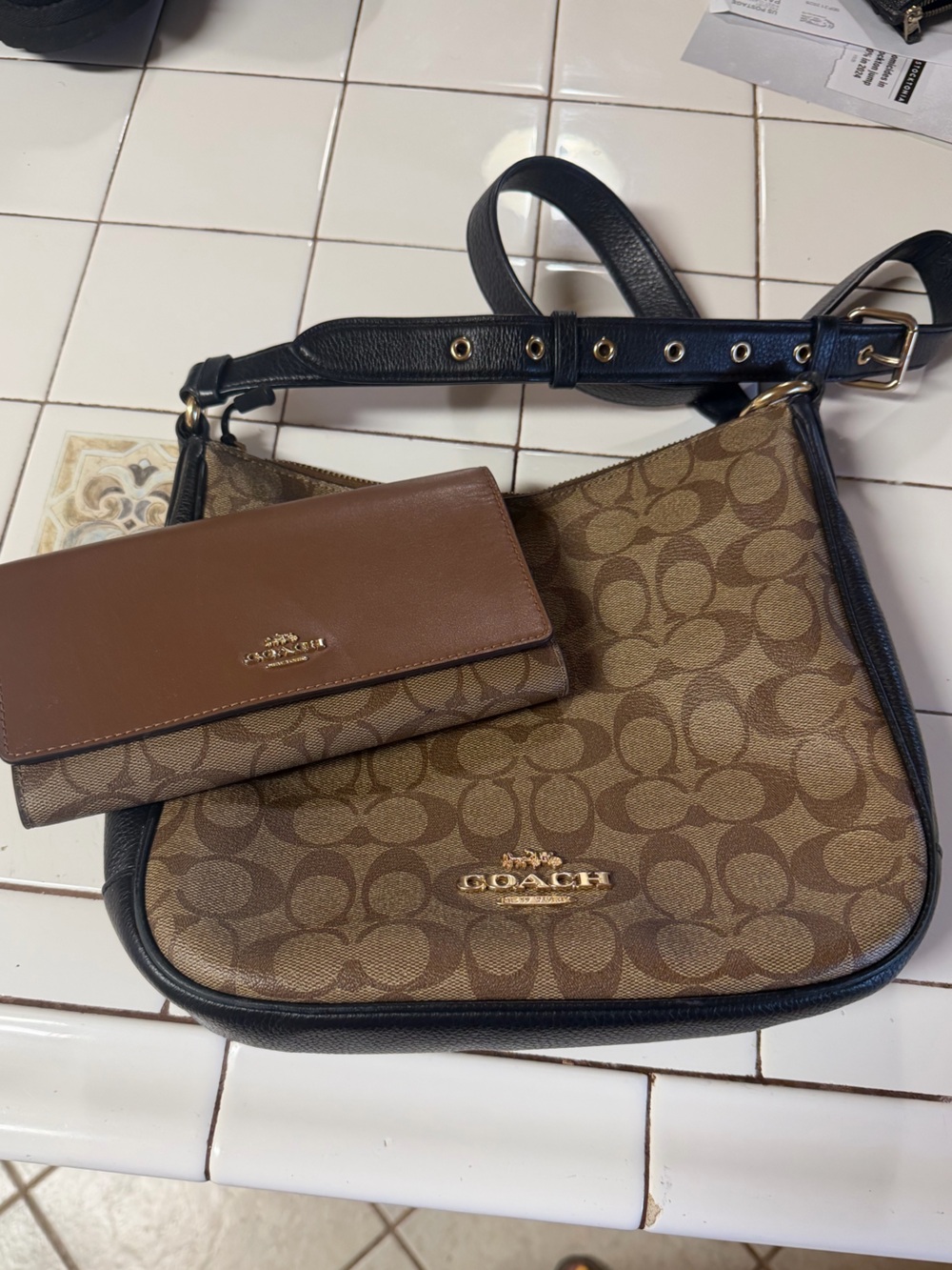Coach Brown Signature Canvas Shoulder Bag with Black Trim & Brown Wallet